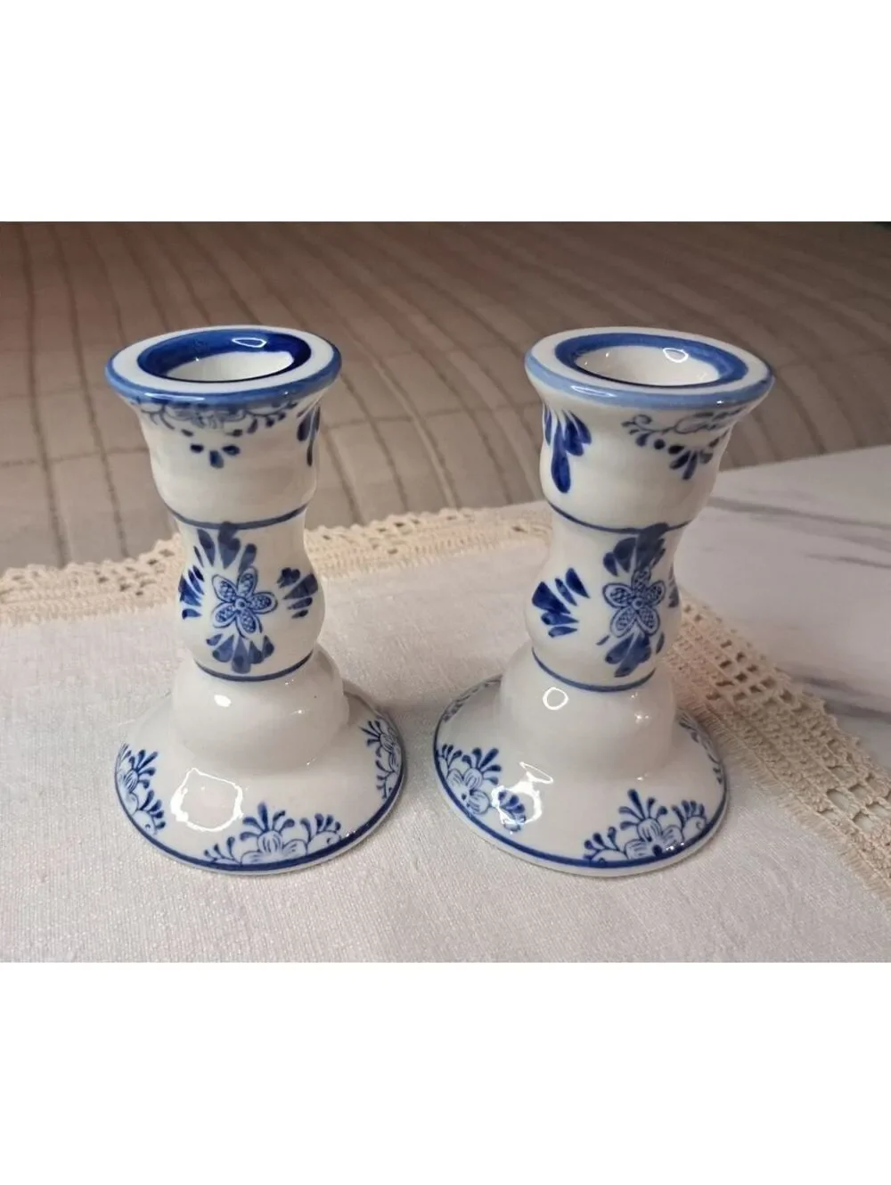 Vintage Set of 2 Blue & White Dutch Delft Style Ceramic Candle Holders